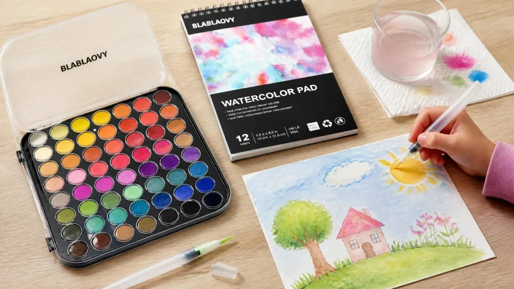 An open Blablaovy 48-color watercolor palette with its refillable water brush pen beside a child's in-progress painting.