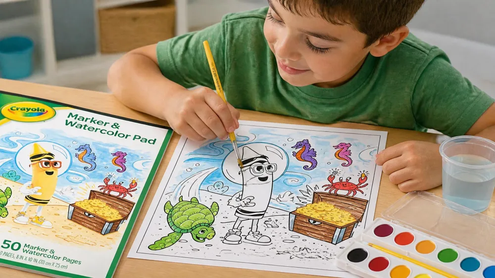 A child painting inside a pre-printed line-art page from the Crayola Deluxe Watercolor Kit.