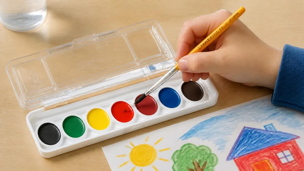 A child's hand using the bundled Crayola brush on an open 8-count Washable Watercolors palette.