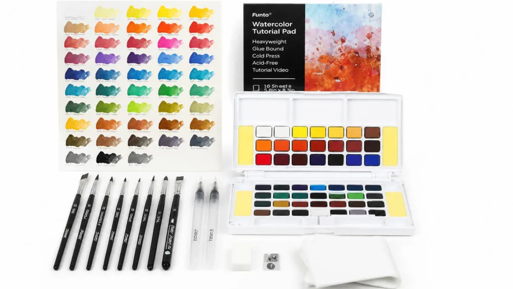 The Funto 48-color set's foldable palette open with its brushes and refillable water pens beside it.