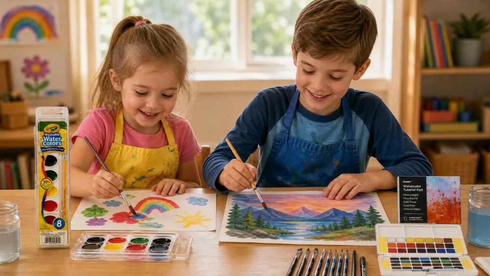 A five-year-old and an eight-year-old painting side by side, each with a kit sized to their age.