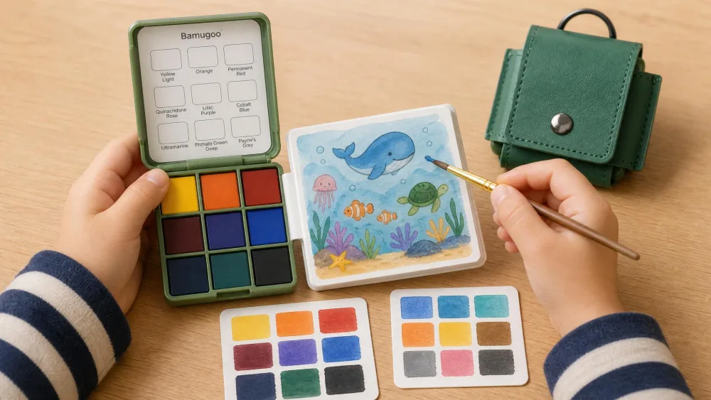 A preschool-aged child's small hands holding an open Bamugoo pocket watercolor painting book showing an ocean-themed page, with two paint swatch cards laid out nearby.
