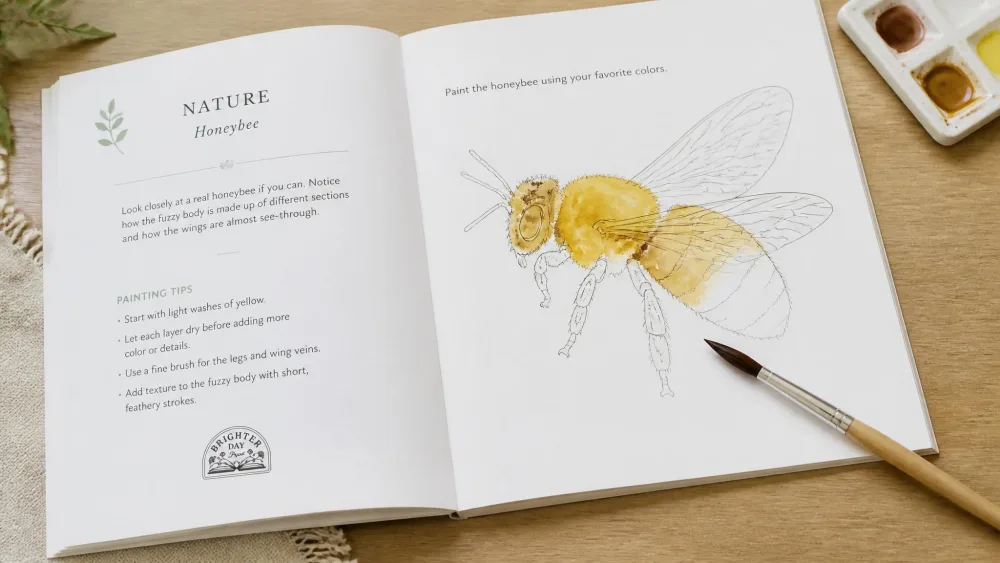 An open Brighter Day Press Watercolor Workbook Nature page showing a pre-printed honeybee outline partially filled in with yellow and brown watercolor paint, a paintbrush resting beside it.
