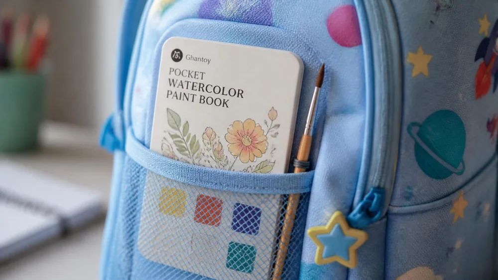 A small Ghantoy pocket watercolor painting book tucked into the side mesh pocket of a kid's backpack, with its tiny attached paintbrush visible next to it.