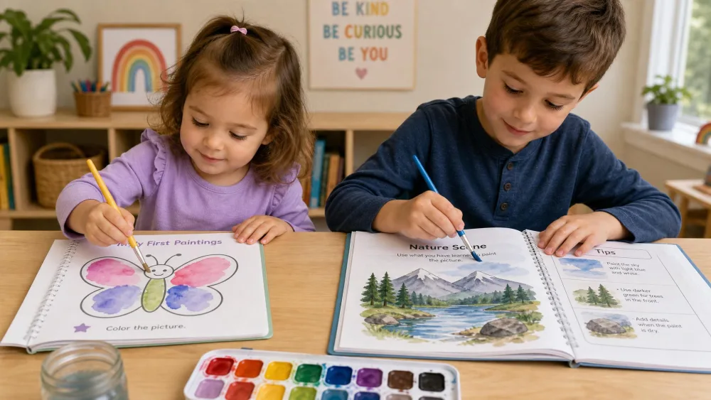 A preschool-aged child and an early-elementary-aged child sitting side by side at a table, each painting in a different watercolor workbook suited to their skill level.