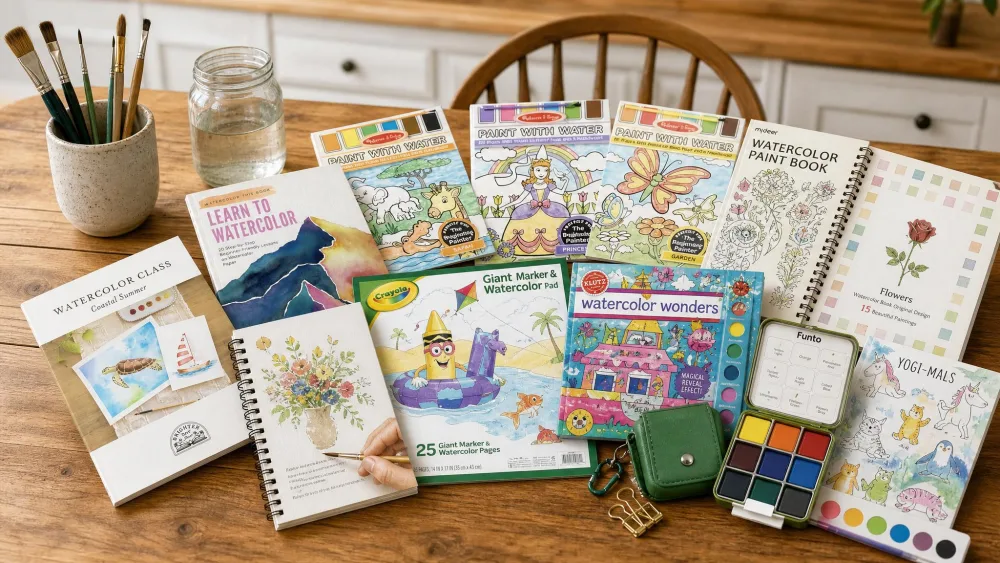 Ten different watercolor workbooks for kids fanned out across a wooden kitchen table next to a cup of paintbrushes and a half-filled water jar.