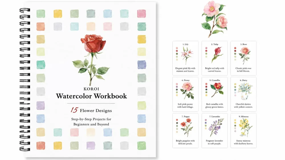 KOROI Watercolor Workbook, 15 Flower Designs