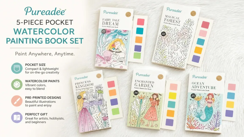 Pureadee 5-Piece Pocket Watercolor Painting Book Set