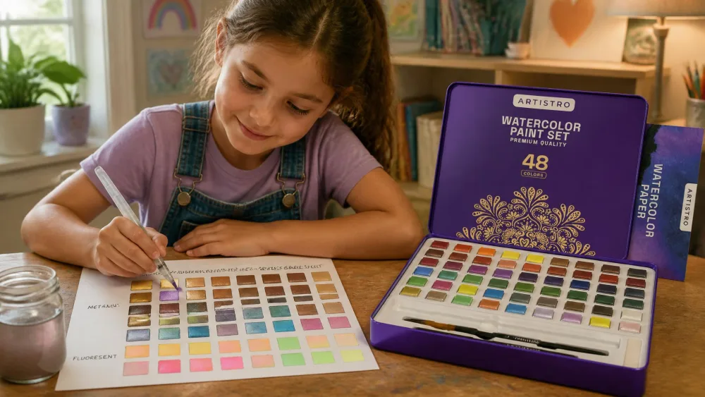 An eight-year-old painting a swatch sheet of all 48 ARTISTRO shades, metallic and fluorescent pans visible in the open box.