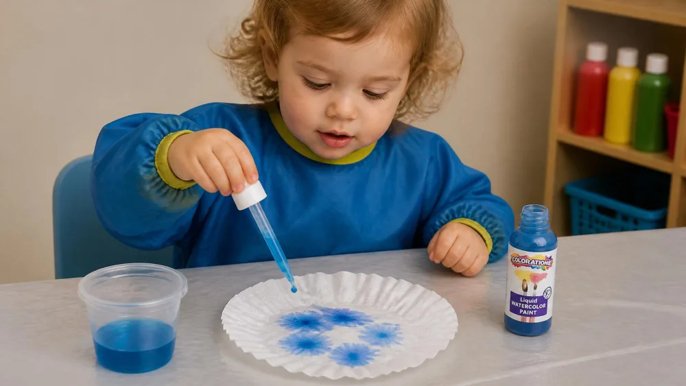 A toddler in a smock dropping diluted blue Colorations liquid watercolor onto a coffee filter at a covered table.