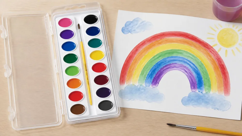 An open Crayola Washable Watercolors case showing 16 oval pans, with a child's painted rainbow drying beside it.