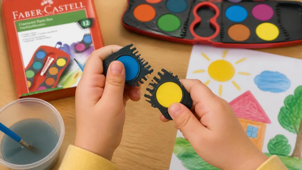 A preschooler's hands clicking two Faber-Castell Connector paint pans together beside a half-painted picture.