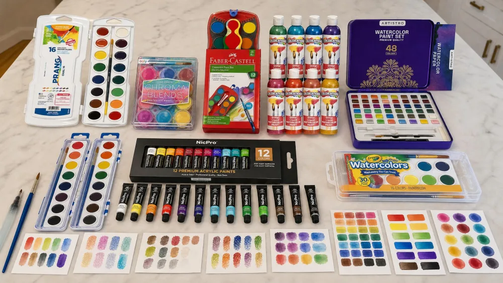 Eight kids' watercolor sets including Crayola, Prang, and Ooly laid out open on a kitchen table with brushes and painted test sheets.