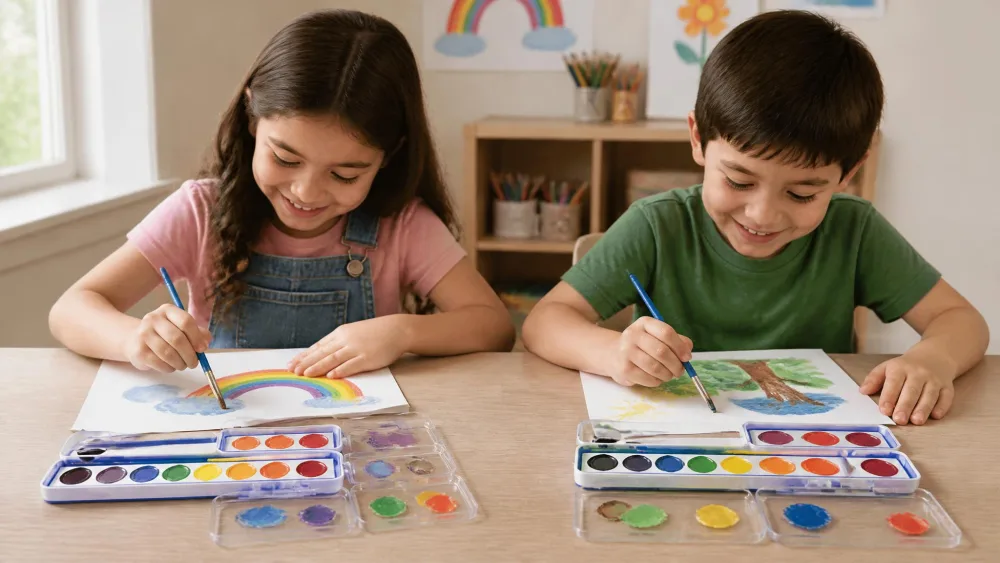 Two children each painting from their own Mr. Pen 8-color palette, clear lids flipped over and used for mixing.