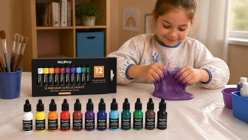 A covered craft table with 12 Nicpro liquid watercolor bottles and a child in a smock kneading purple-dyed slime.
