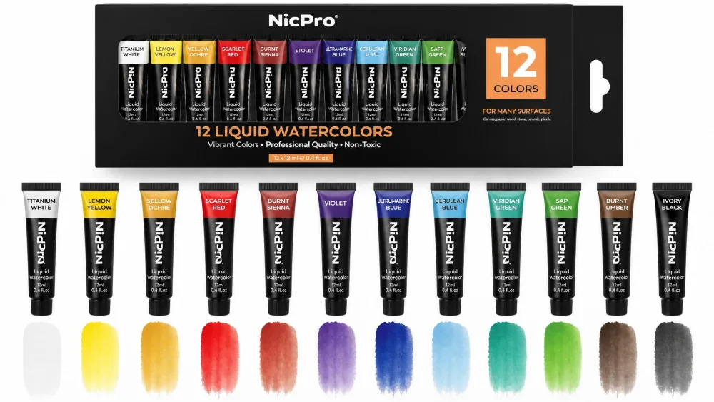 Nicpro Liquid Watercolor Set, 12 Colors
