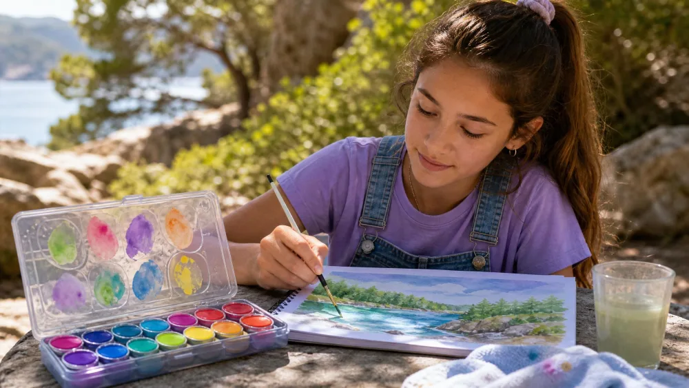 A tween painting outdoors from the Ooly Chroma Blends 24-color travel palette, mixing wells visible in the open lid.