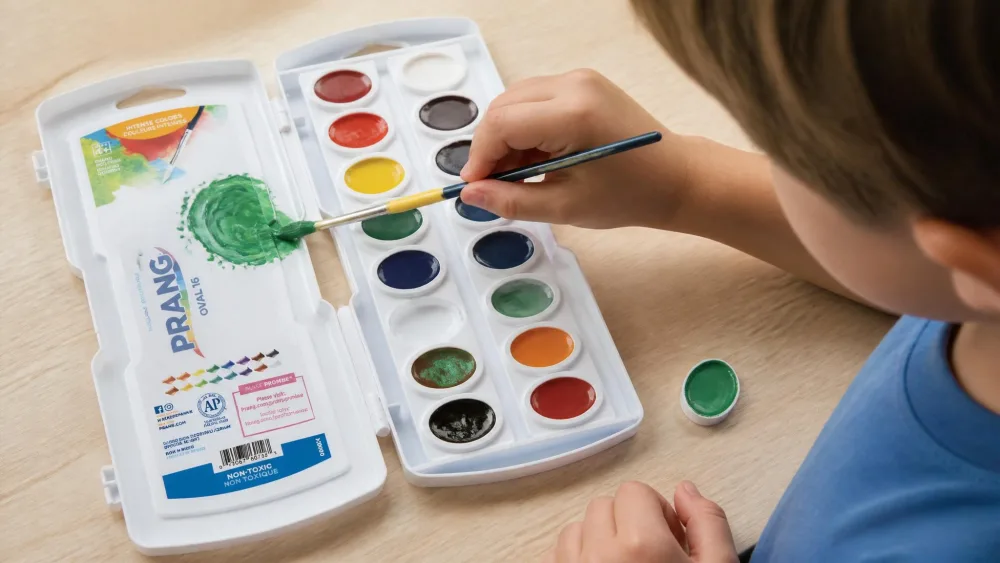A child mixing green paint on the hinged lid of a Prang 16-color set, with one oval pan snapped out beside the case.