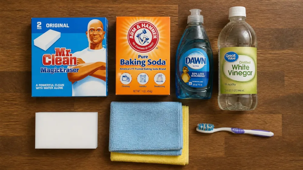 A flat-lay of crayon-cleaning supplies on a kitchen counter: a white Magic Eraser, a box of baking soda, Dawn dish soap, white vinegar, microfiber cloths, and an old toothbrush.