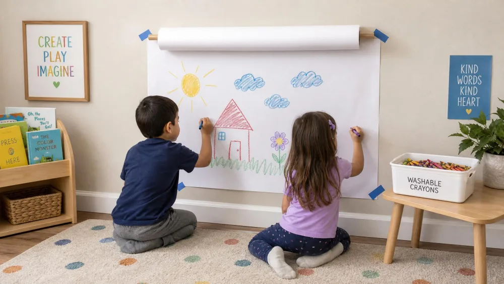 A low kids' drawing station with a taped roll of white paper on the wall, a bin of washable crayons on a small table, and two children coloring, set up to keep crayon off the painted walls.