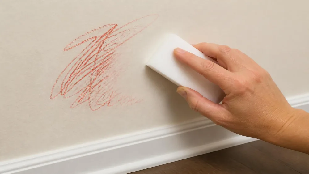 A parent's hand using a white Magic Eraser to wipe a red crayon scribble off a pale satin-finish wall, with the mark half lifted to show the clean paint underneath.