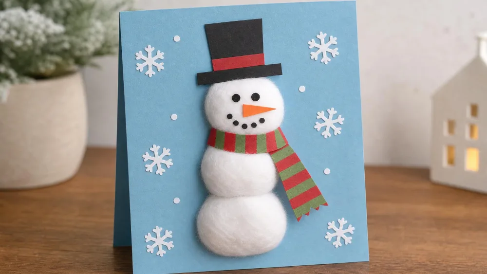 A card with a snowman made from three cotton balls, a paper top hat, an orange nose, and a striped scarf.
