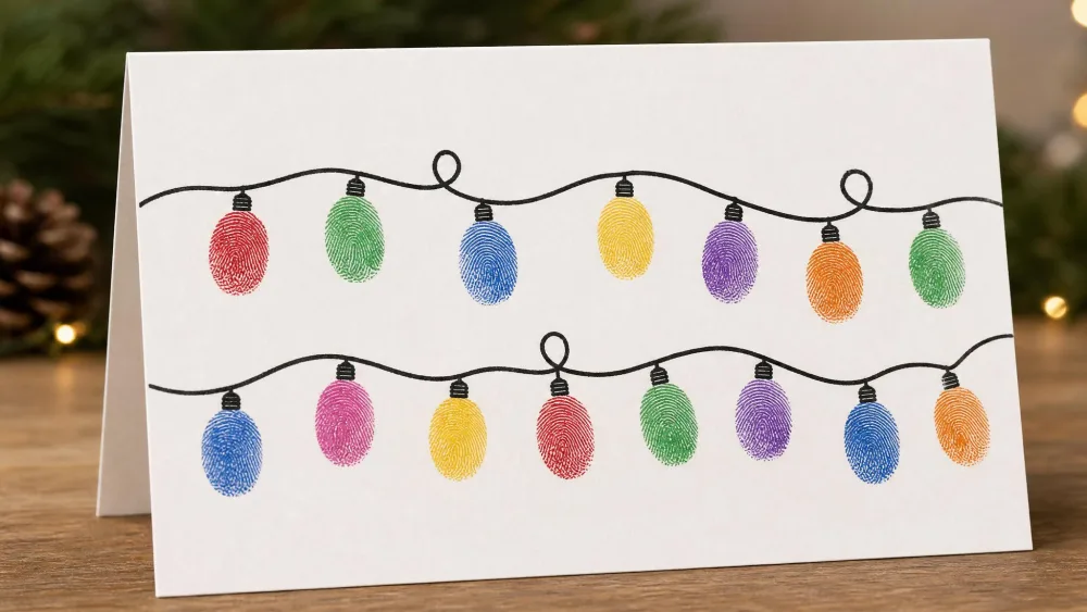 A card with a drawn black cord and rows of colorful fingerprint Christmas lights along it.