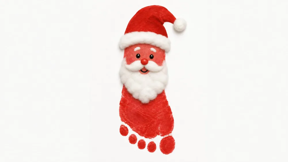 A red footprint turned into Santa, with a heel face, a cotton beard, and a hat.