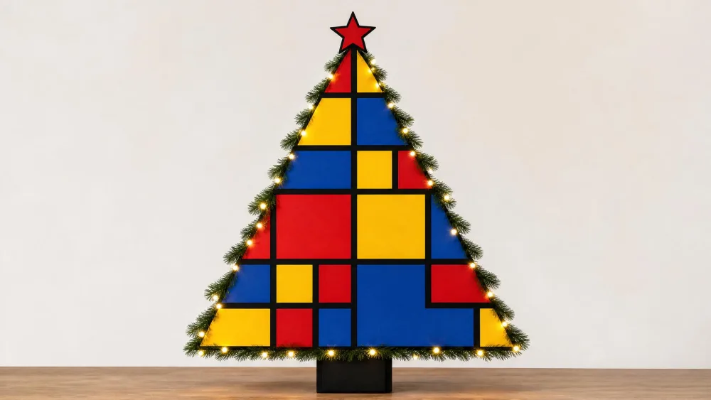 A Christmas tree divided by black grid lines into red, yellow, and blue blocks, Mondrian-style.