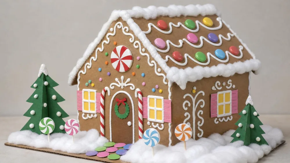 A brown cardstock gingerbread house decorated with paper candy, puffy-paint icing, and cotton snow.