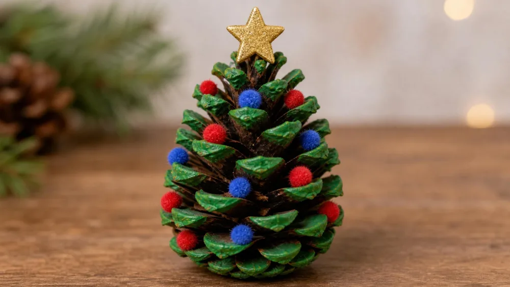 A pine cone painted green at the tips, decorated with tiny red and blue pom-pom ornaments and a small star.