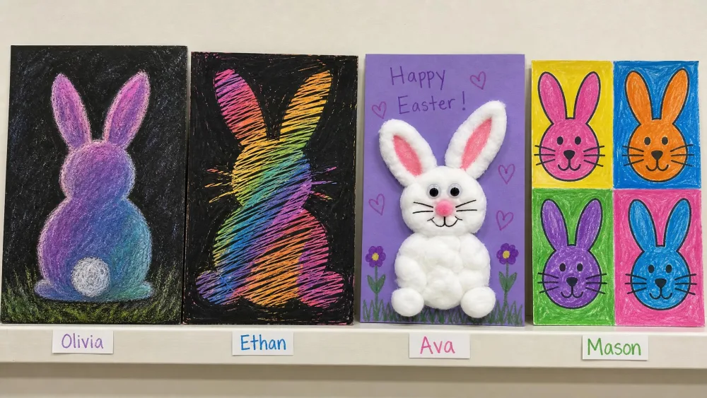 A lineup of kid-made Easter bunny art, including a chalk pastel bunny silhouette, a scrape-painted bunny, a cotton ball bunny card, and a pop-art bunny grid.