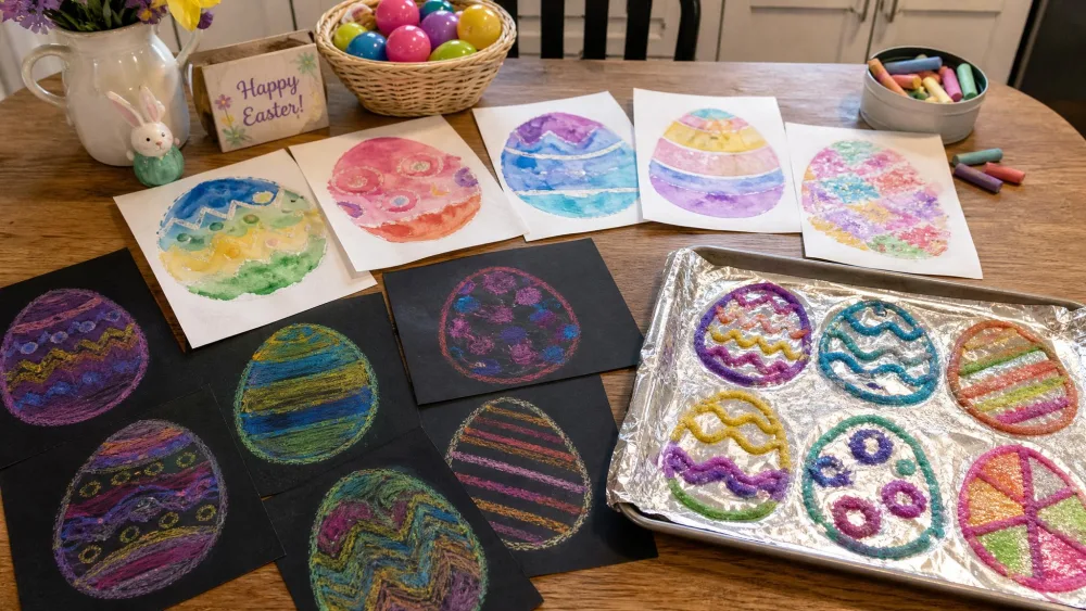 A kitchen table covered with finished kid-made Easter egg art, including chalk pastel eggs on black paper, watercolor resist eggs, and salt-painted eggs on a foil-lined tray.