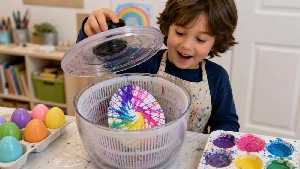 A child lifting the lid off a salad spinner to reveal a plastic egg cutout covered in swirled spin-art paint, with plastic eggs and a paint tray nearby.