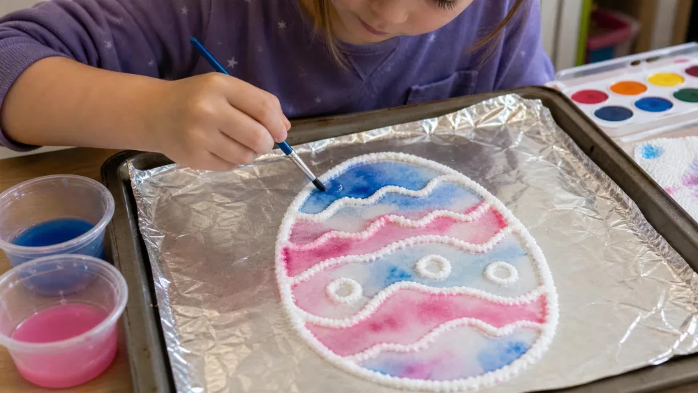 A child dabbing diluted blue and pink watercolor onto a raised salt-and-glue egg outline, colors bleeding along the salt line, on a foil-lined baking tray.