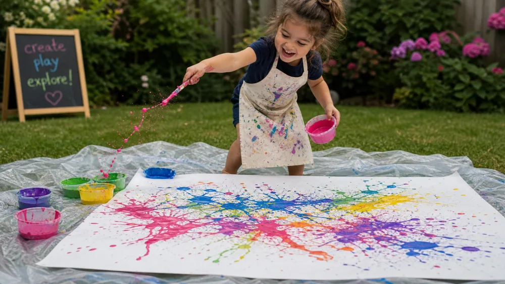 A child in an apron flicking bright paint onto a large sheet of paper spread on the grass outdoors, with paint splatters across the page and a plastic sheet underneath.
