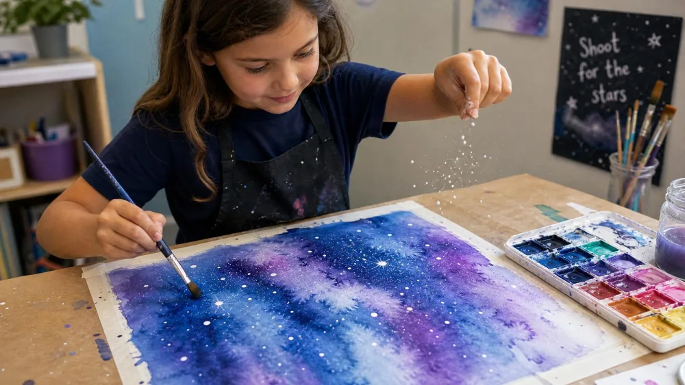 A school-age child brushing blue and purple watercolor across wet paper to make a galaxy, flicking white paint for stars, with a watercolor palette on the table.