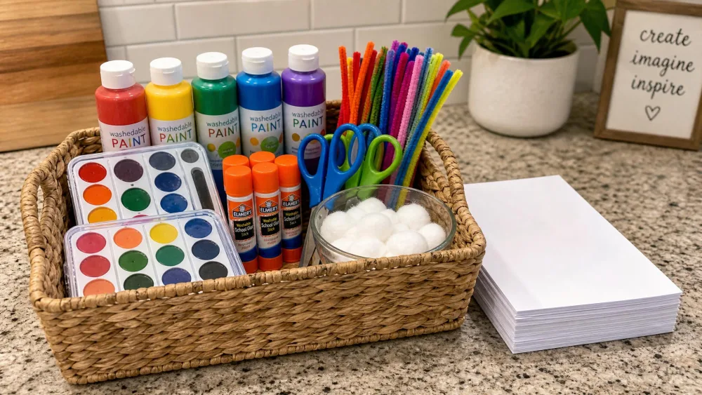 A basket on a kitchen counter holding washable paint bottles, watercolor sets, glue sticks, child-safe scissors, cotton balls, and pipe cleaners, next to a stack of white paper.