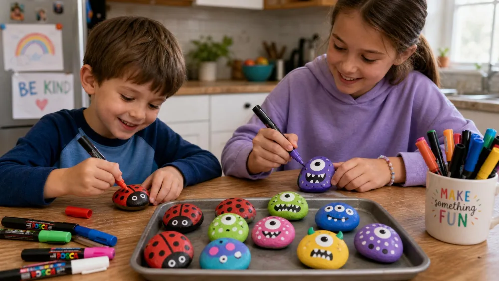 A younger and an older child painting smooth stones into ladybugs and monsters at a kitchen table, with paint pens and a tray of finished painted rocks between them.