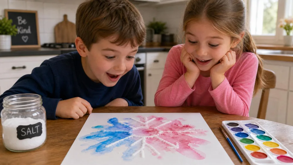 Two children at a wooden kitchen table watching blue and pink watercolor spread across a glue-and-salt design on white paper, with a jar of salt and a watercolor set beside them.