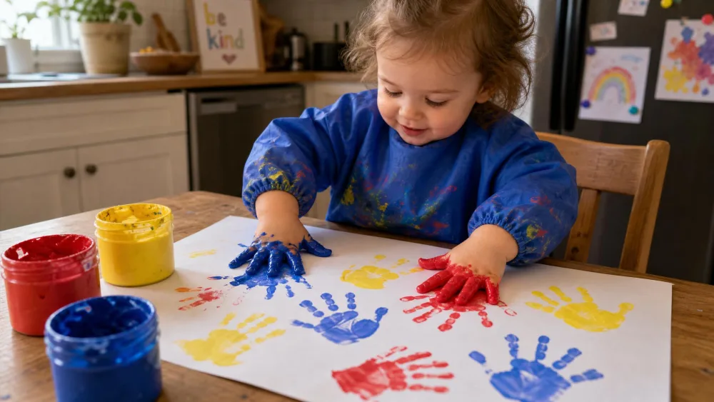 A toddler in a smock pressing painted hands onto a large sheet of paper at a wooden kitchen table, with pots of red, yellow, and blue washable paint nearby.