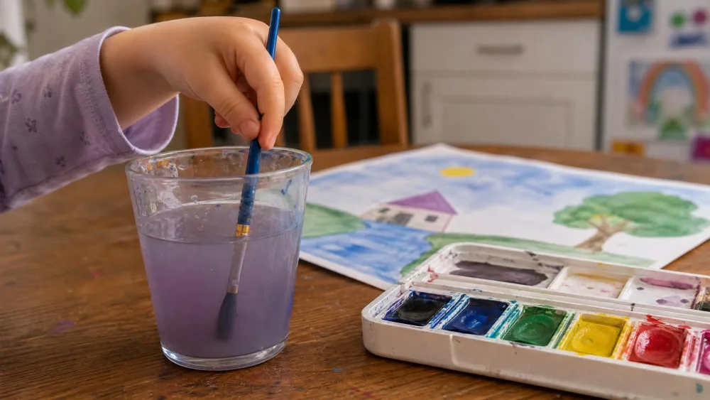 A child's hand rinsing a watercolor brush in a clear cup of tinted water at a kitchen table, with a half-finished watercolor painting visible in the background.