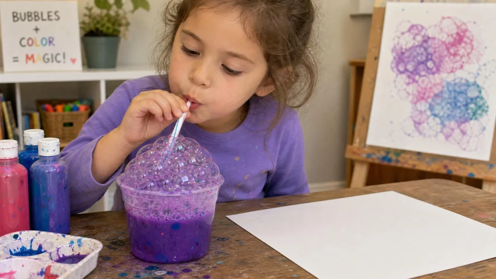 A child blowing bubbles through a straw into a cup of soapy colored paint, with a sheet of paper laid nearby ready to press onto the bubbles for a print.