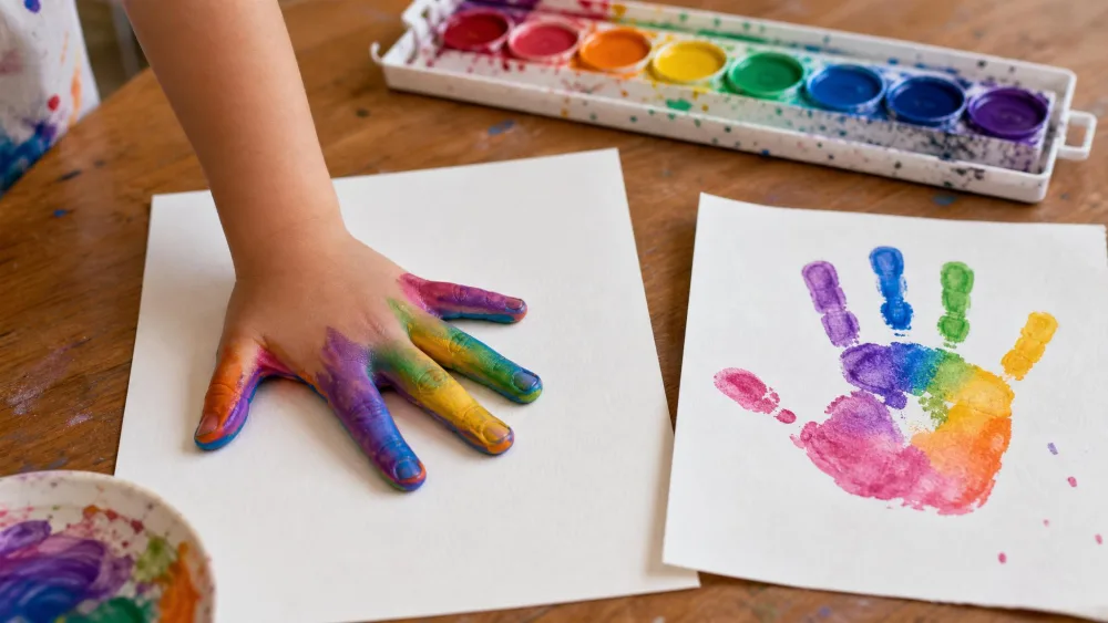 A child's paint-covered hand being pressed onto watercolor paper to leave a colorful handprint, with a finished handprint painting drying nearby.