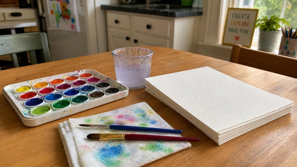 A kitchen table set up for kids' watercolor painting, with a shallow pan of watercolor paint, a cup of rinse water, a stack of heavyweight watercolor paper, and two brushes laid out.