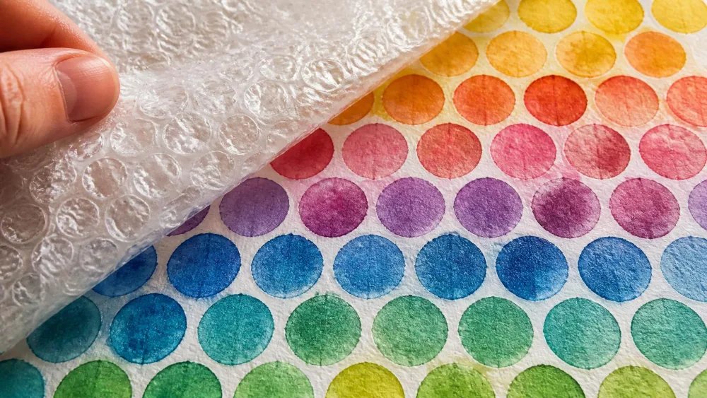 Bubble wrap lifted to reveal a honeycomb of watercolor dots.