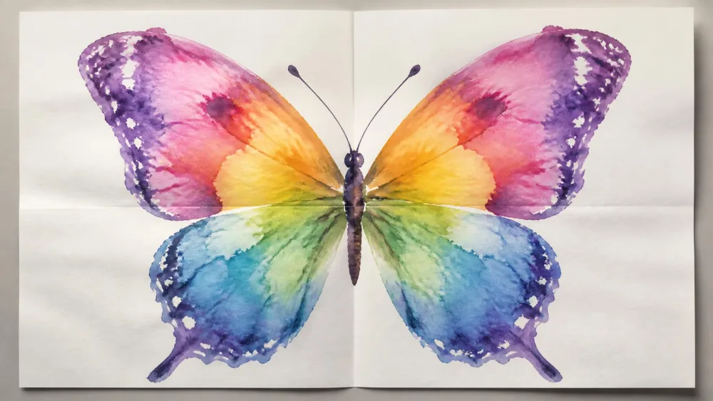 Folded paper opened to a symmetrical butterfly watercolor print.