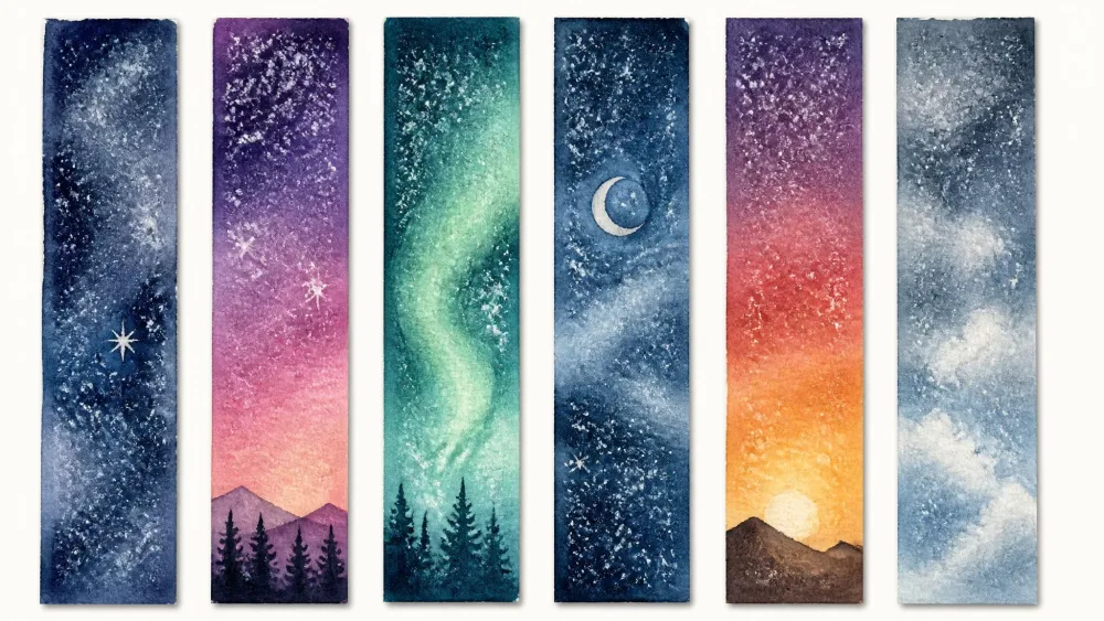 Narrow watercolor bookmark strips with salt-speckled stars.