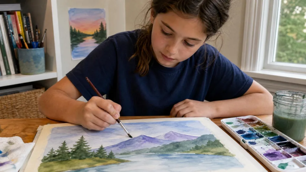 Older child painting a simple watercolor landscape.