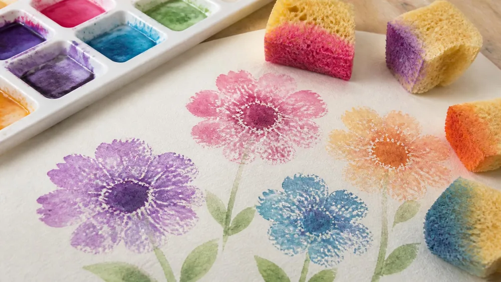 Sponge pieces stamping textured watercolor blooms onto paper.
